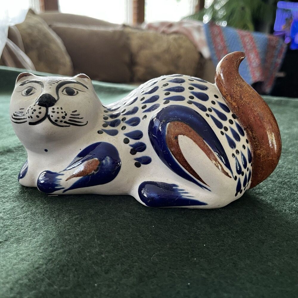 Mexican Tonala Folk Art Pottery CAT Figurine Hand Painted Blue, Brown &Black